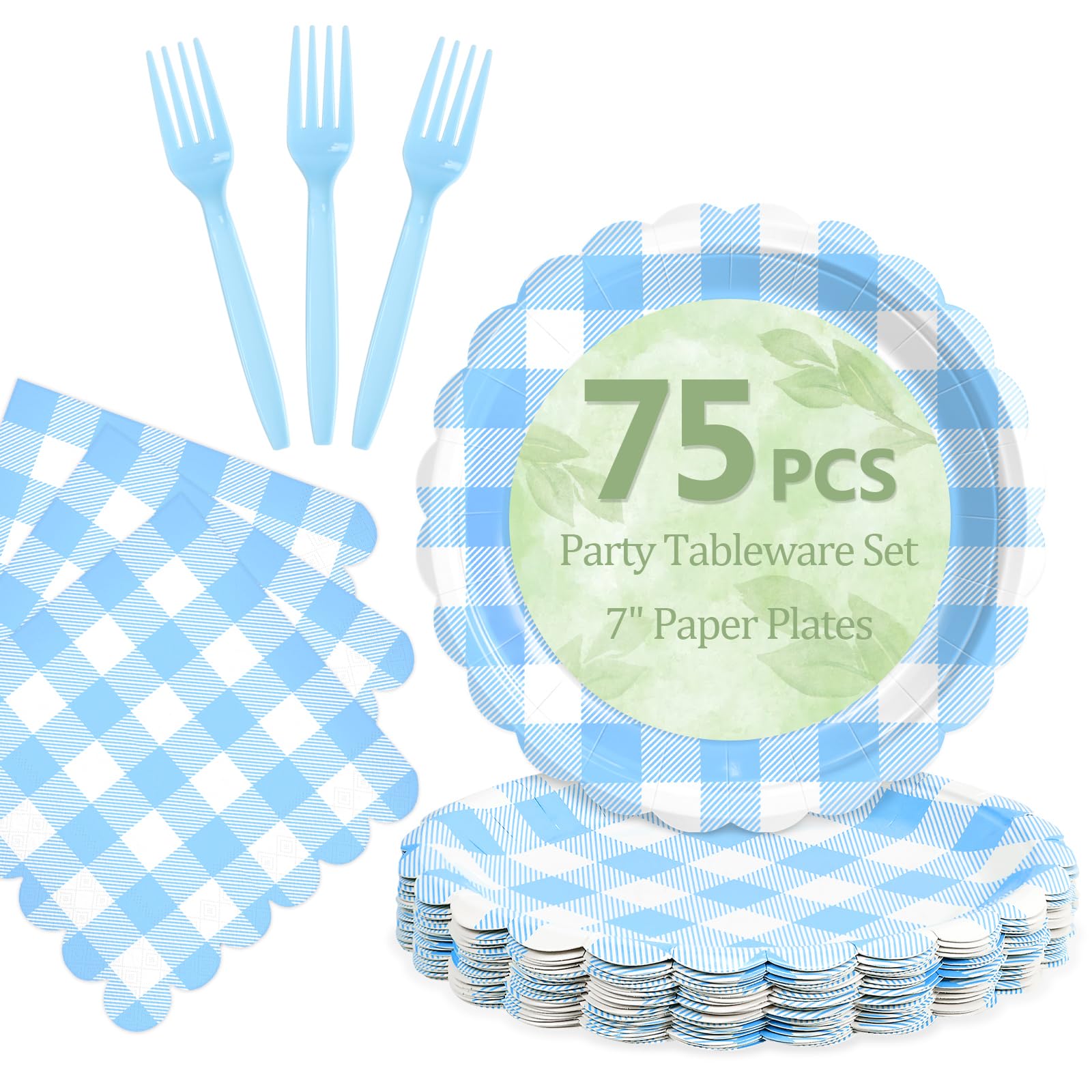 Mulbozy 75 Blue Gingham Paper Plates and Napkins for Baby Shower, 25-7"
