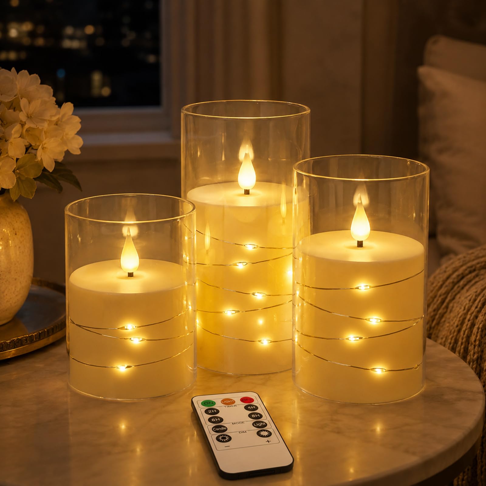 Flameless Candles Light, Set of 3 Flickering LED Candle with Remote & Timer, Dimmable Real Wax Electric Candles Battery Operated, Star String Candle for Home Wedding Party Holiday Decor (Ivory)