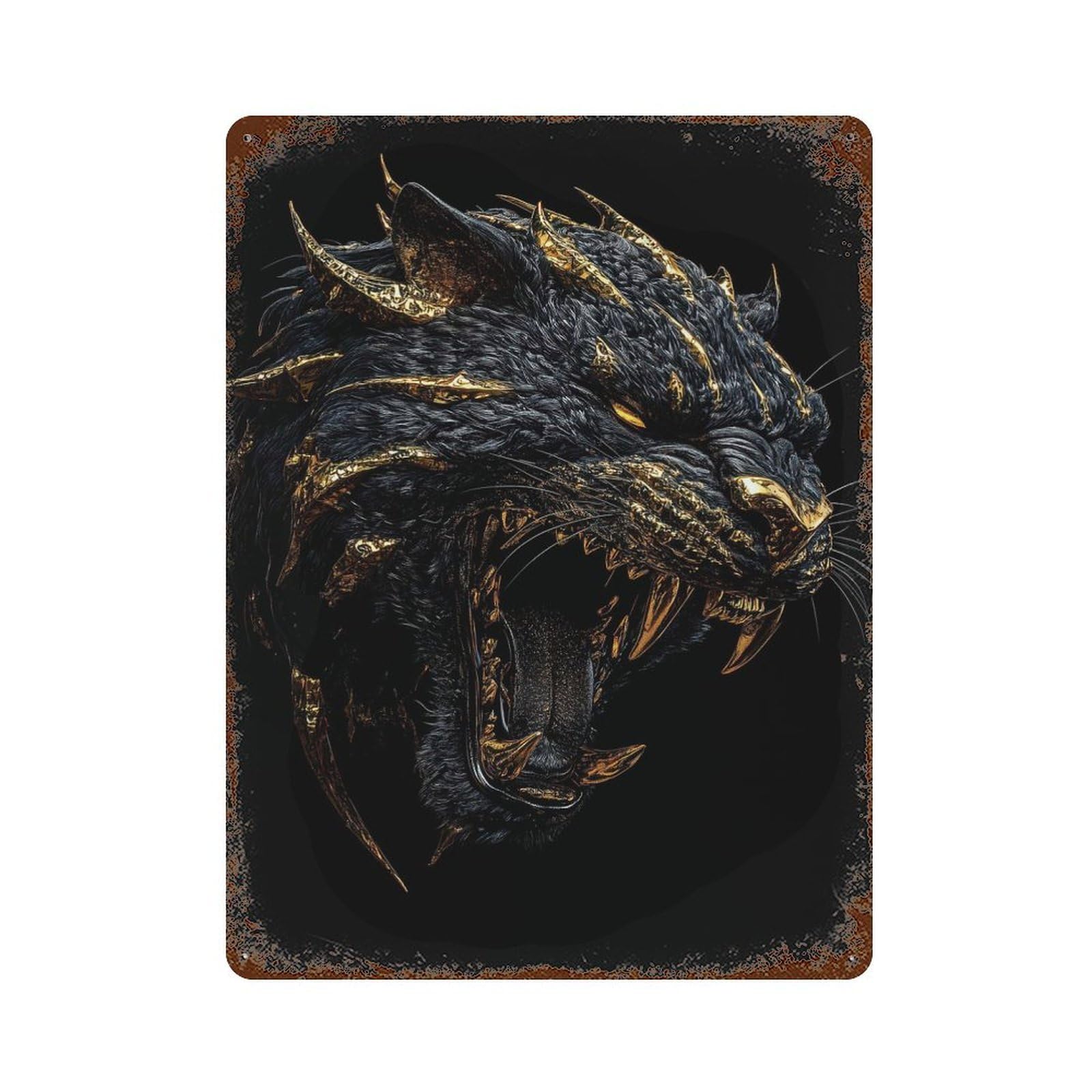 Golden Fanged Panther Distressed Metal Wall Sign 15.7"x11.8", Industrial Home Decor for Garage, Pub Or Kitchen