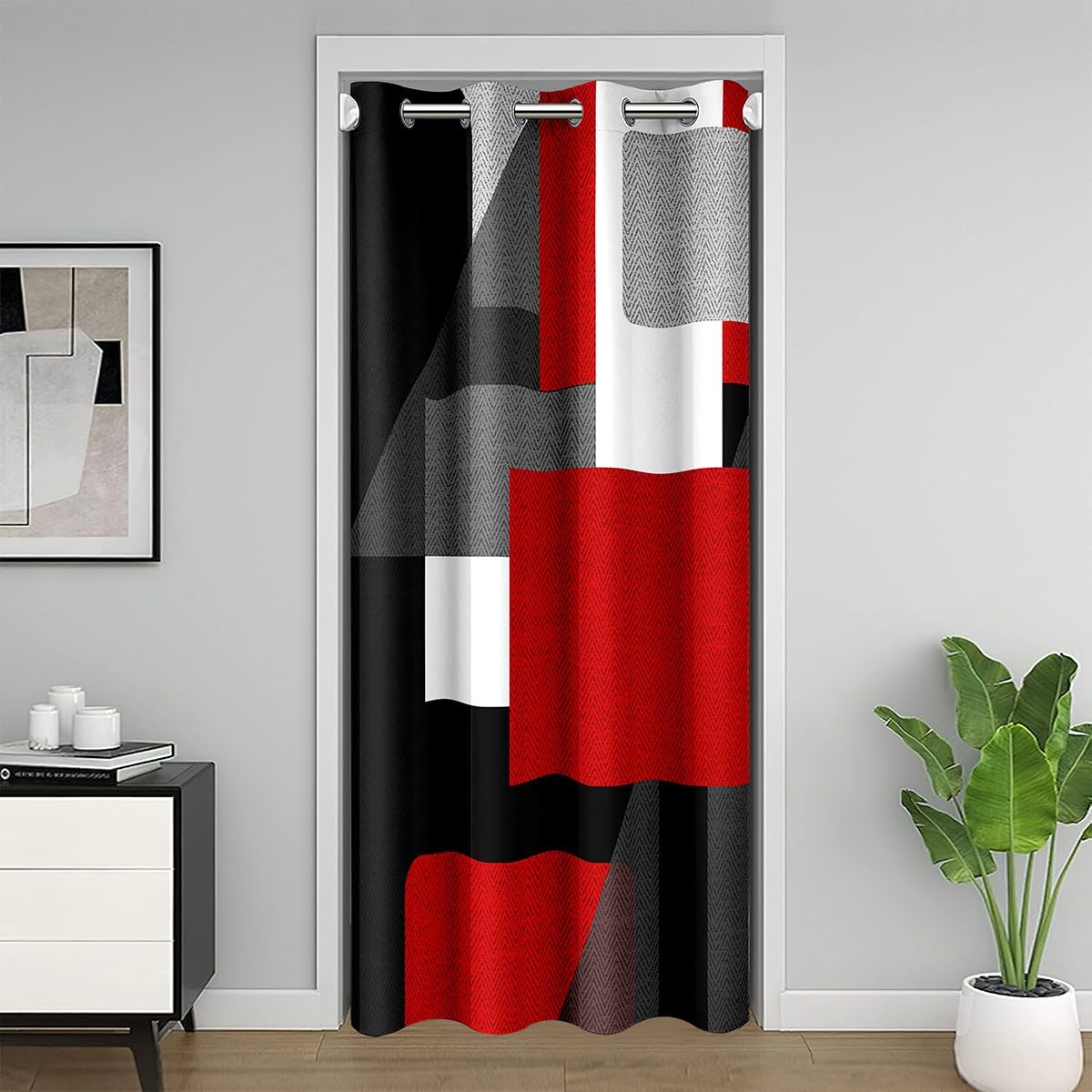 Red and Black 30%-50% Room Darkening Blackout Curtain Door Curtain for Boys Girls TeensGeometric Square Room Divider Curtain Cover 86x203cm Abstract Art Window Treatments