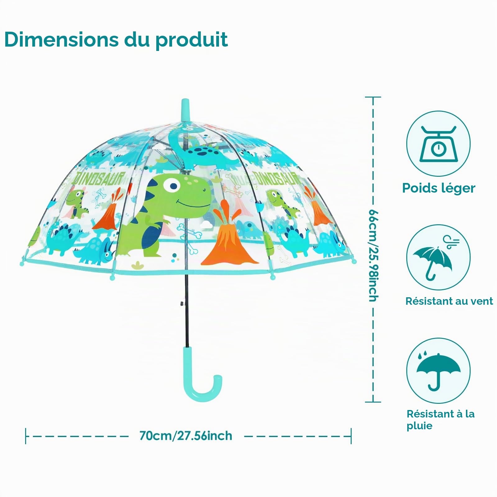 Parapluie - Transparent - Anti-Vent - Long Cloche, Parapluie Enfant Transparent Cloche Robuste et Stable, Parapluie Dôme Garcon Fille Parapluies Cannes Dinosaure Bleu