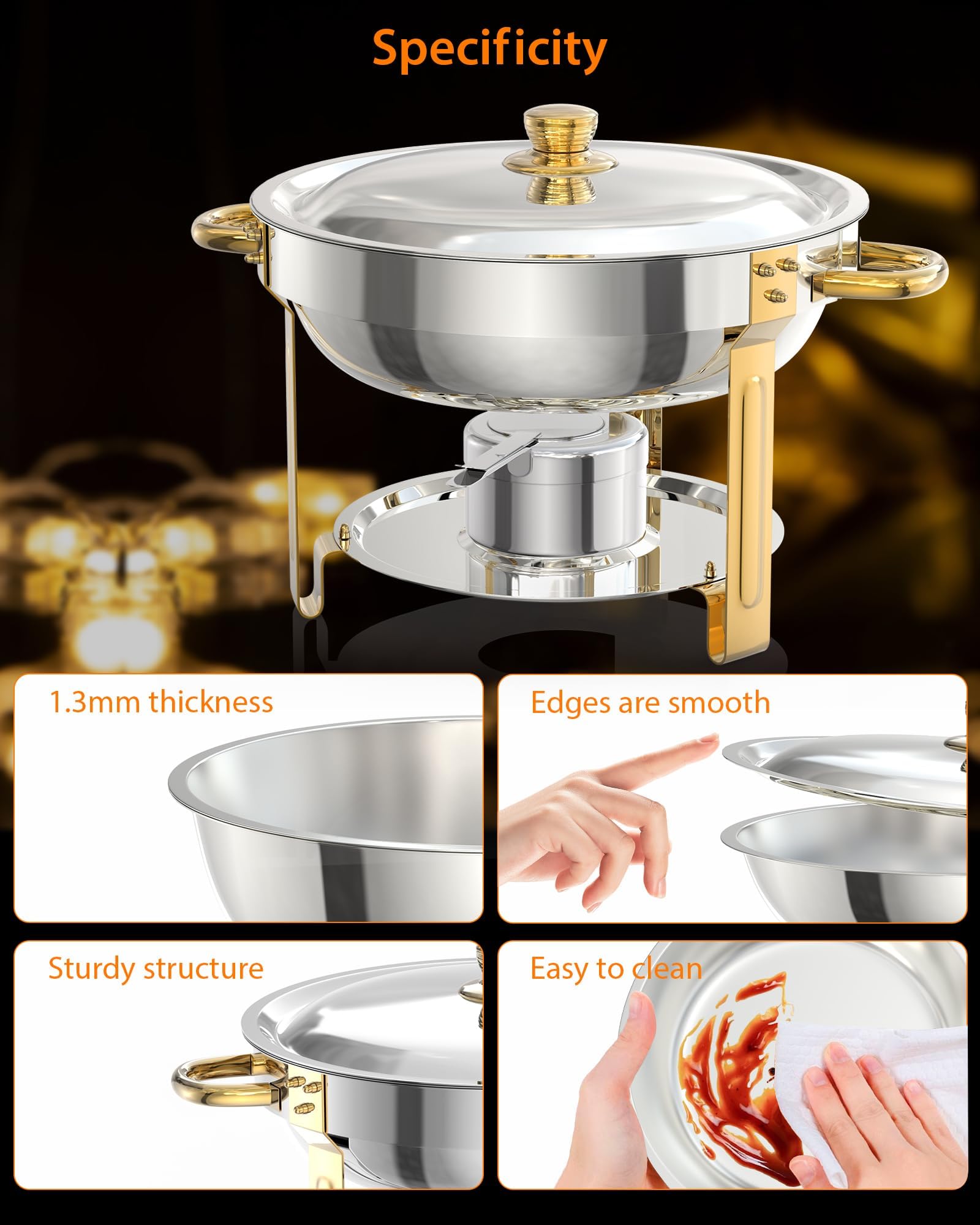 Garvee Juego de 2 platos de cocina redondos de 5 litros para catering, calentadores de alimentos de acero inoxidable con tapas, sartenes de alimentos y soporte de combustible para restaurante