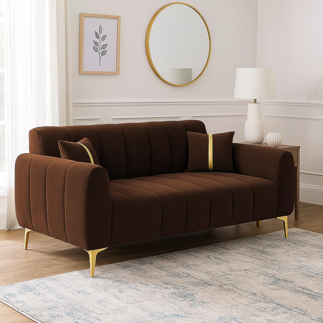 FURNY Harmony 2 Seater Velvet Fabric Sofa Set (Brown) with Golden Finish Legs | Durable & Comfortable | Ideal for Living Room