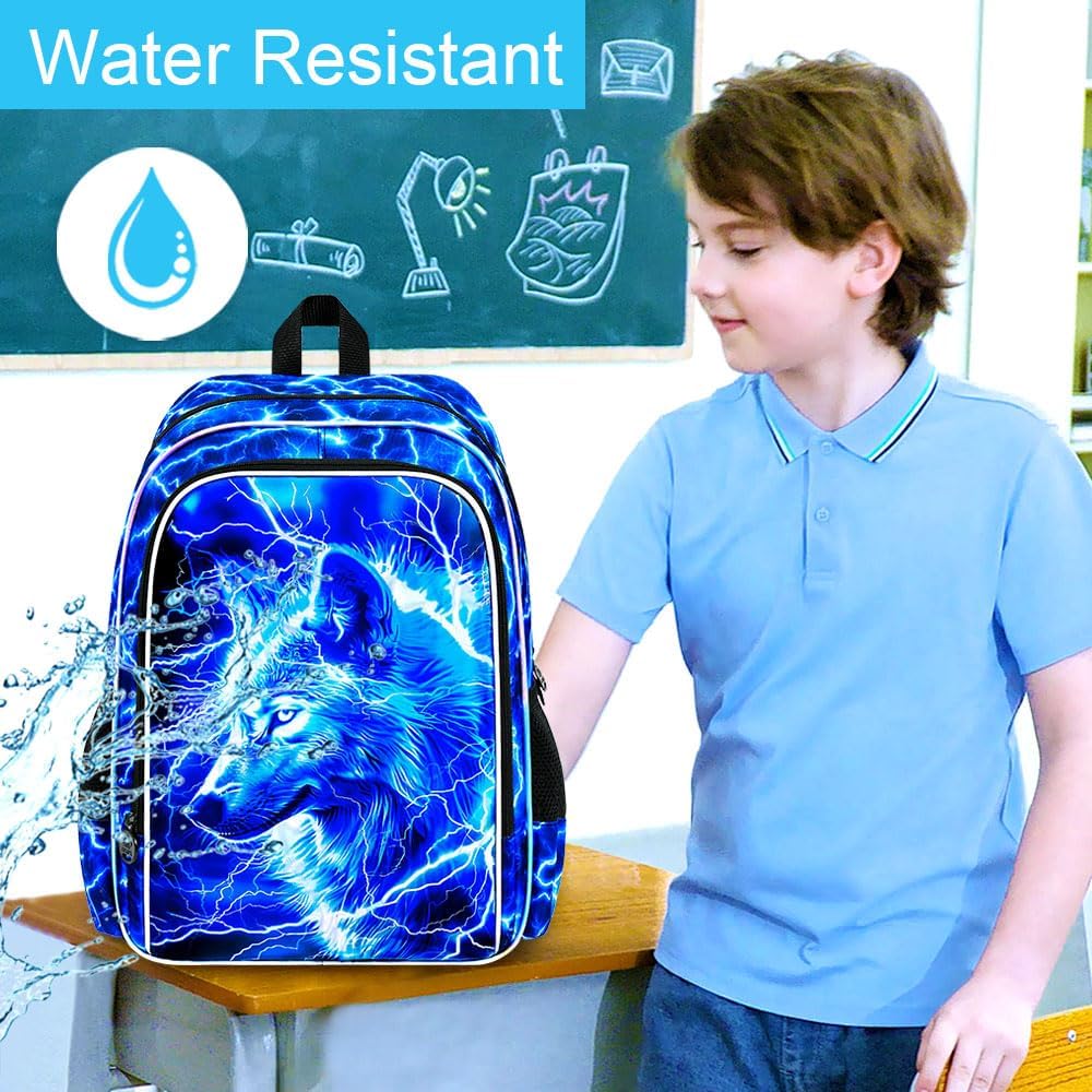 17" Wolf Backpack for School, Kids Boys Lightning Bookbag with Lunch Box, 3Pcs Backpacks for Elementary Preschool Kindergarten (Blue)