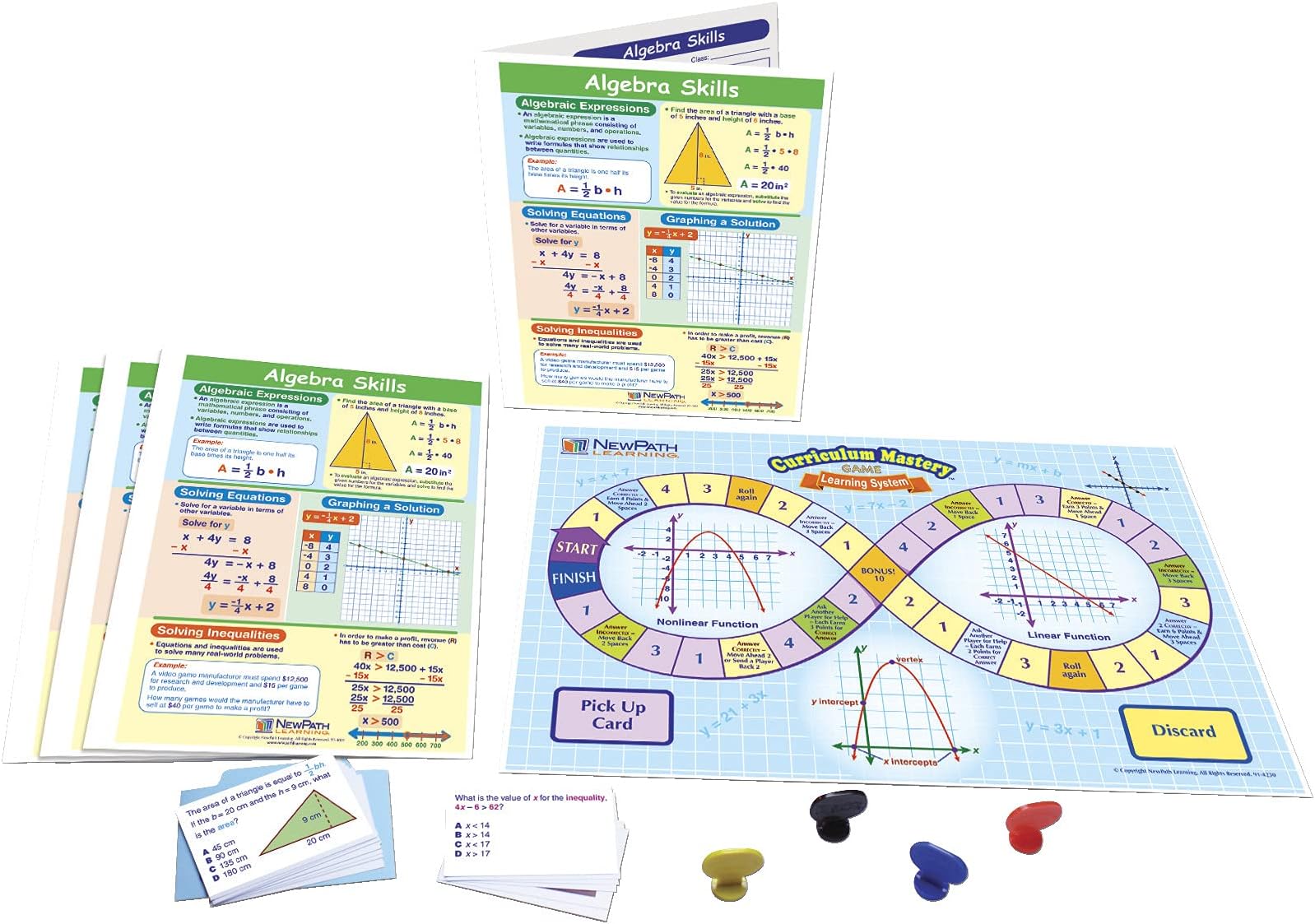 NewPath Learning 23-6980 Algebra Skills Learning Center Game (Grades 6-9) - Game Board, 30 Illustrated Game Cards and Four 4-Panel, Laminated “Write-On/Wipe-Off” Learning Guides
