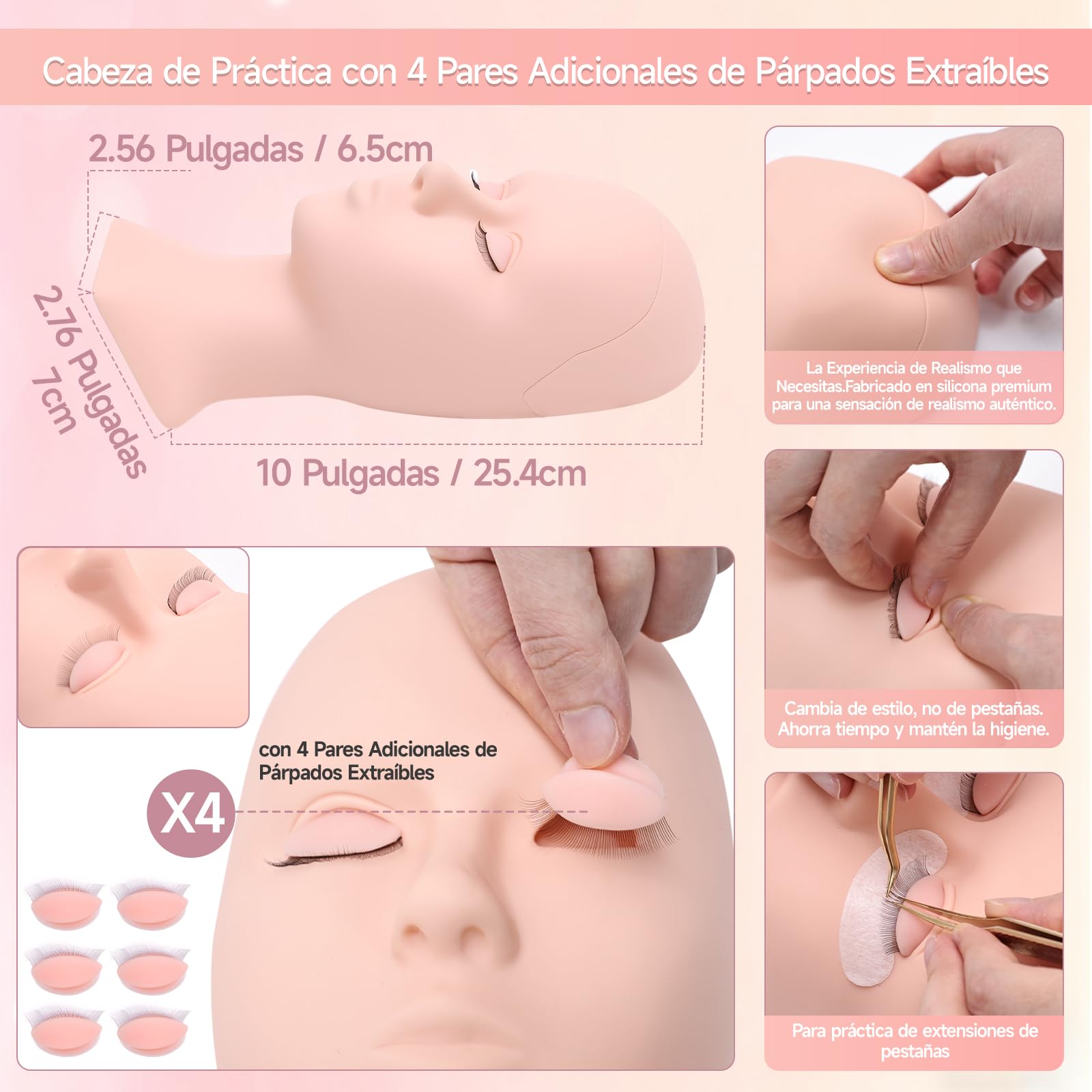 TwoWin Kit Extensiones de Pestañas, Kit de Pestañas para Principiantes | Maniquí Pestañas para Practicar con 4 Pares de Párpados Extraíbles, Ventilador USB, Pinzas