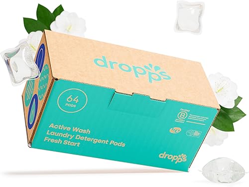 Dropps Detergente para ropa Active Wash  Fresh Start, 64 cápsulas  Sport Wash combate manchas y olores  Embalaje de bajo desperdicio  Funciona en