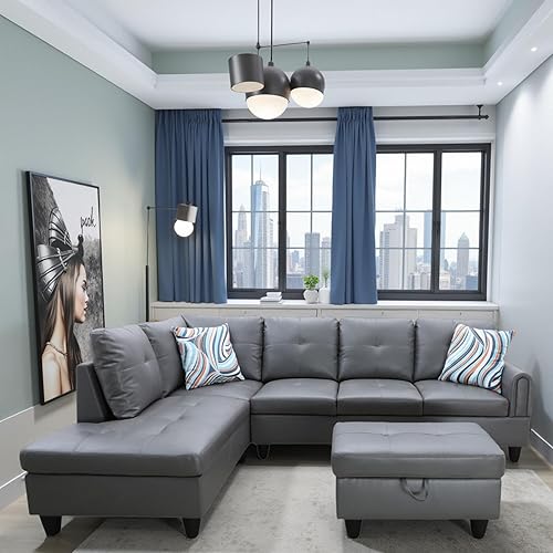 Miniatura 4 de Sofá seccional en forma de L con diván y otomana de almacenamiento, sofá modular convertible de 3 piezas para juegos de muebles de sala y