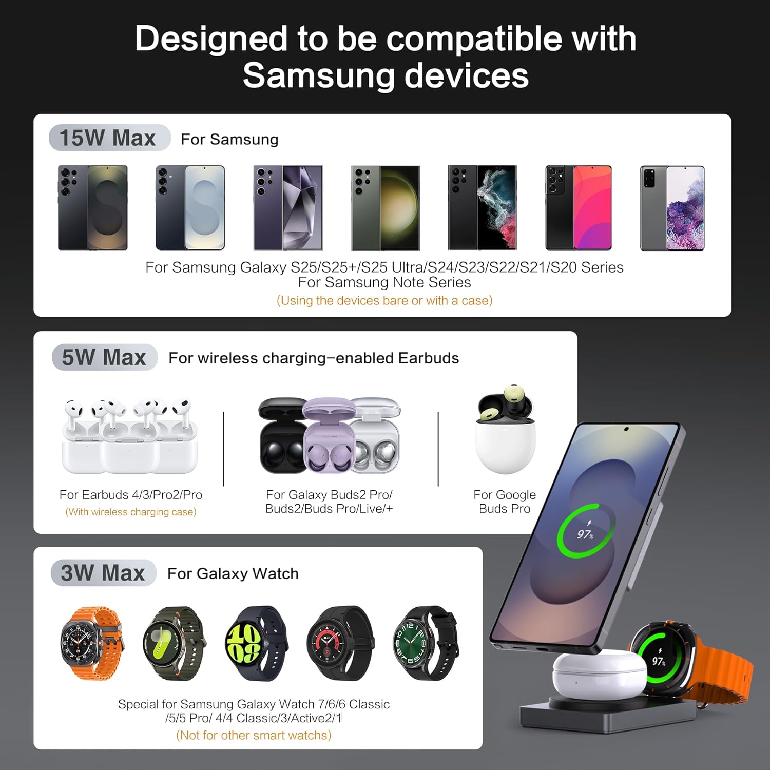 3 in 1Charging Station for Samsung Galaxy S25, Aluminum Magnetic Charger Foldable for Samsung Galaxy S25 Ultra/S24/Z Fold 7/Flip 7/Galaxy Watch 8/7/Ultra, Galaxy Buds/Pro - Image 4