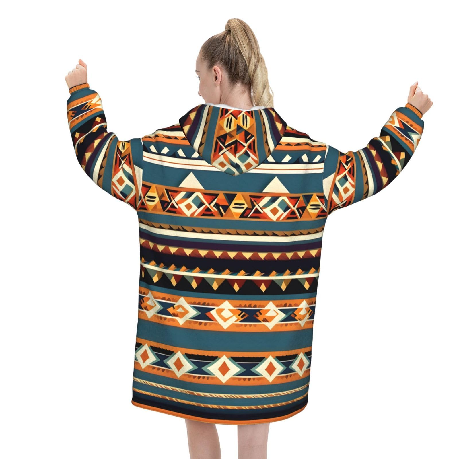 Native American wzór nadruk ciepły i przytulny koc do noszenia, gruby flanelowy koc z kapturem z rękawami i ogromną kieszenią