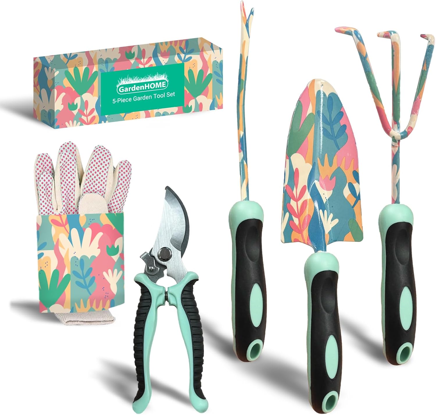 GardenHOME 5-Piece Gardening Tool Kit with Gloves – Durable Floral Garden Tools for Women, Complete Outdoor Garden Set