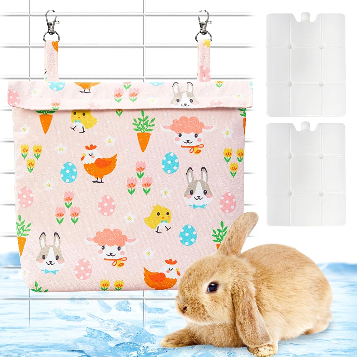 Rabbit Cooling Pouch with 2 Ice Boxes Small Animal Hanging Cooling Pad Set for Cage No Condensation Bunny Cooling Mat Washable Ice Bag for Guinea Pig Chinchilla (Style A)