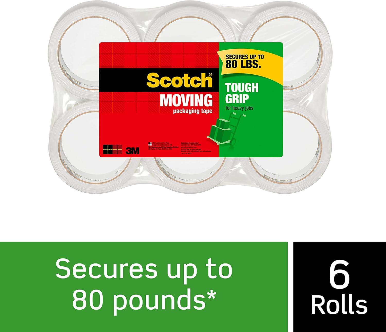 50% Off Discount Scotch Tough Grip Moving Packaging Tape, 1.88 x 43.7 yd, Strong Hold on All Box Types Including Recycled, Secures Boxes up to 80 lbs, 3 Core, Clear, 6 Rolls (3500-40-6)