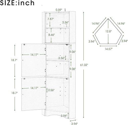 Miniatura 2 de Armario de baño independiente de esquina alto con 2 puertas y estantes ajustables, almacenamiento multifuncional moderno para sala de estar, cocina,
