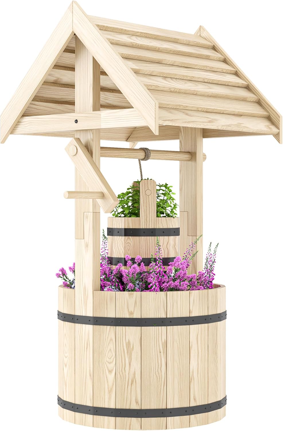 Outsunny Wooden Wishing Well Planter with Adjustable Hanging Bucket, Rustic Wishing Well for Outside, Decorative Flower Planter with Drainage Hole for Garden Patio, Natural Wood