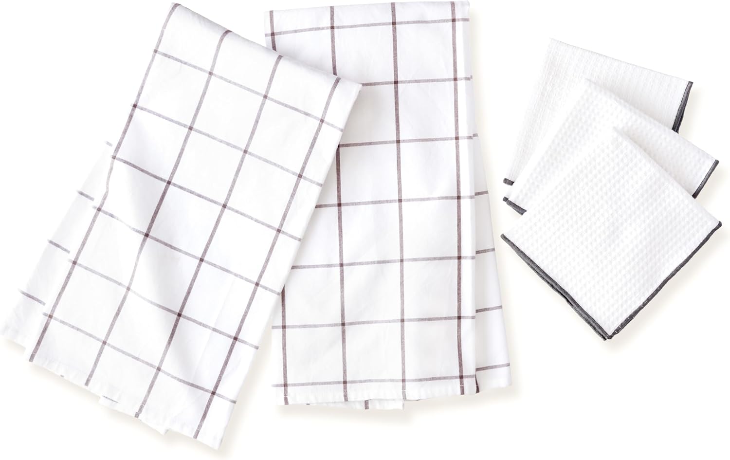 Premium Cotton Flour Sack Kitchen Towels and Dishcloths Set of 5 - Large 20”x 30” Kitchen Towels, Set of 2, Dishcloths, Set of 3. Towels Become Softer and Tougher After Washing. Gray Check Design.