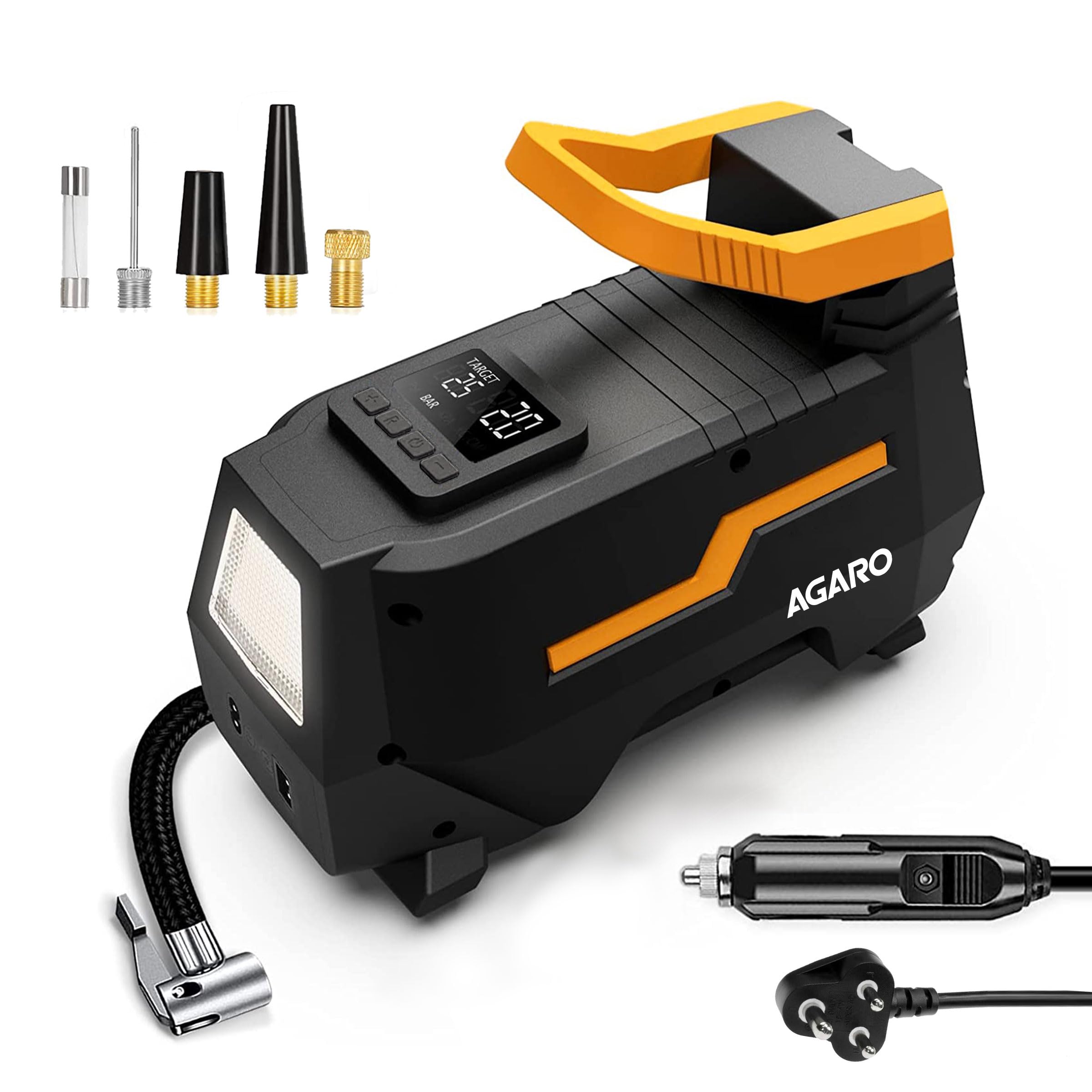 AGARO TI2157 Digital Portable Tyre Inflator/Pressure Gauge, 12V DC/230V AC for Home and Car, up to 150 PSI, LED Light, Digital Display, for Bike, Bicycles and Other Inflatables, Yellow.