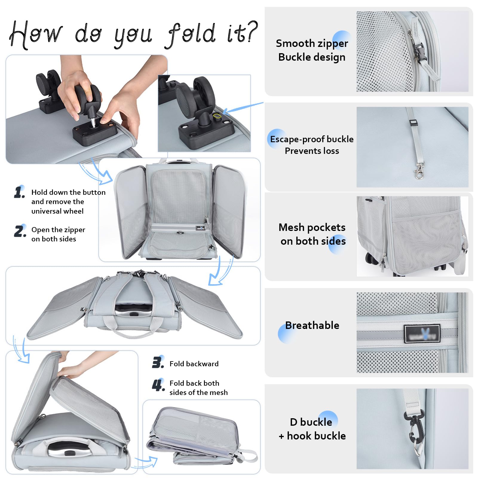 Transportin Gato con Ruedas, Mochila con Carrito para Mascotas, Transportin Gatos Perros De Menos De 8KG con Ruedas Y Varilla Telescópica, Bolsa Transporte De Viaje Transpirable