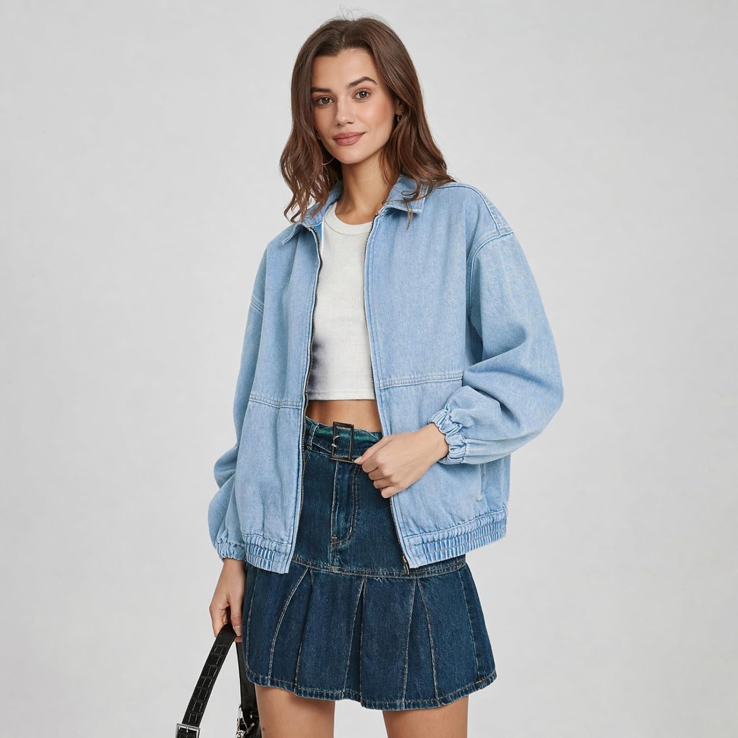 D-Sun Women's Denim Jacket Oversized Zip Up Elastic Hem Classic Casual Loose Fit Bomber Jean Jackets