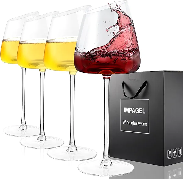 Slanted Red/White Wine Glasses, Set of 4, Elegant Hand-Blown Long Stem Wine Glasses with Unique Concave Base, Modern Premium Crystal Glassware, Gift for Wedding,Wine Tasting,and Christmas-13.5 oz