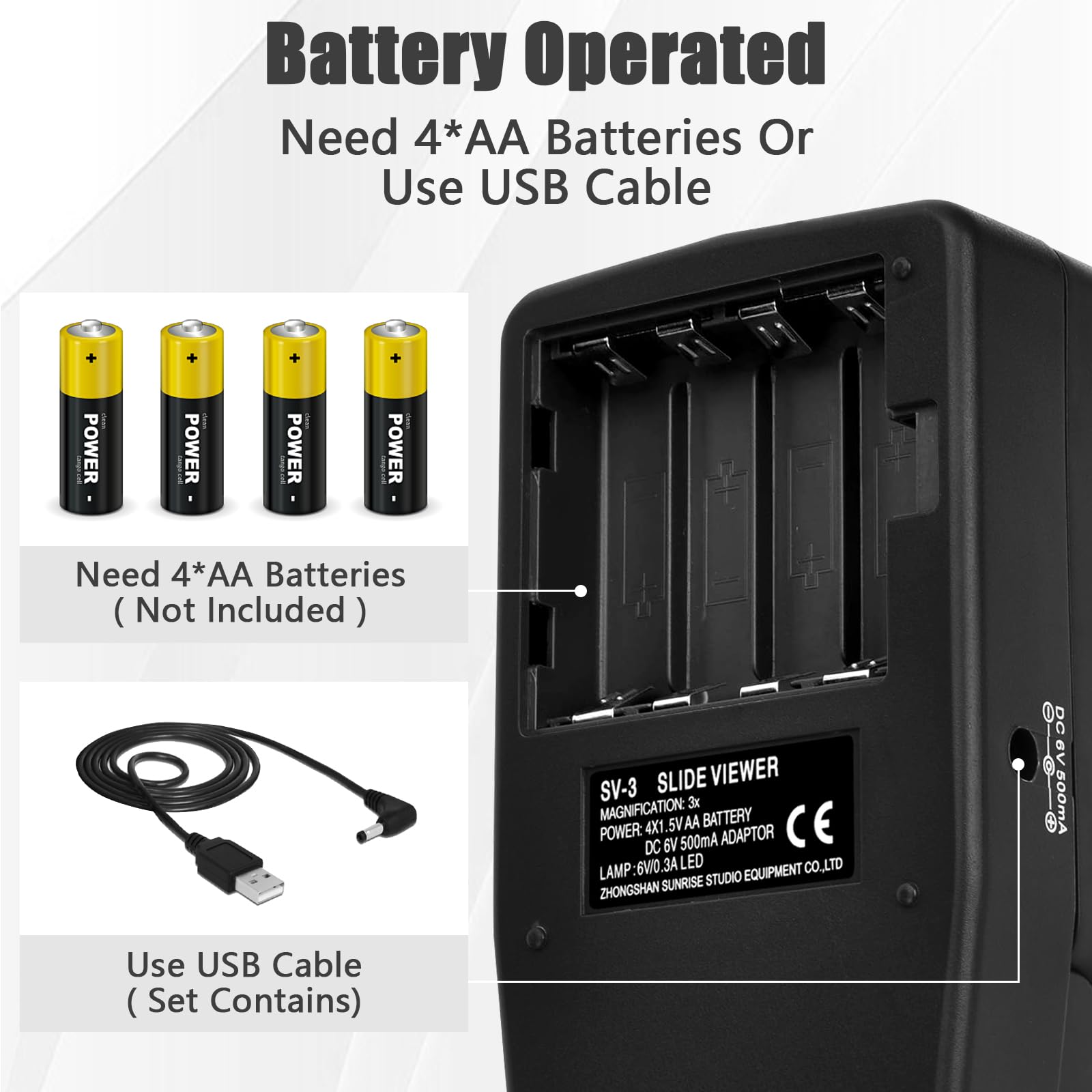 SV-3 Visionneuse de diapositives et de films 35 mm avec grossissement x3 et affichage éclairé par LED pour diapositives de 35 mm et négatifs de film, alimentation USB ou batterie (câble USB