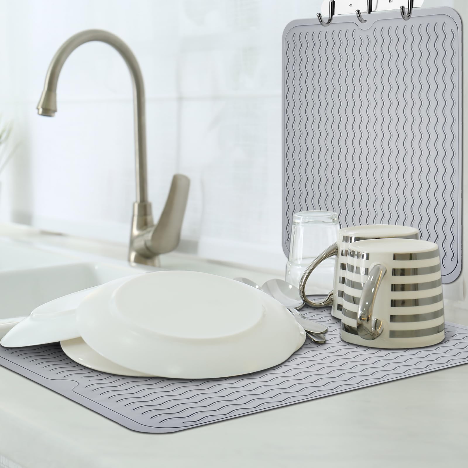 Dish Drying Mat for Kitchen Counter — Multi-Usage Eco-Friendly Drying Mat Kitchen Counter, Easy Clean, Eco-friendly, Heat Resistant Dish Drying Mat, Non-Slip Silicone Sink Mat, BPA Free, Dish Washer Safe