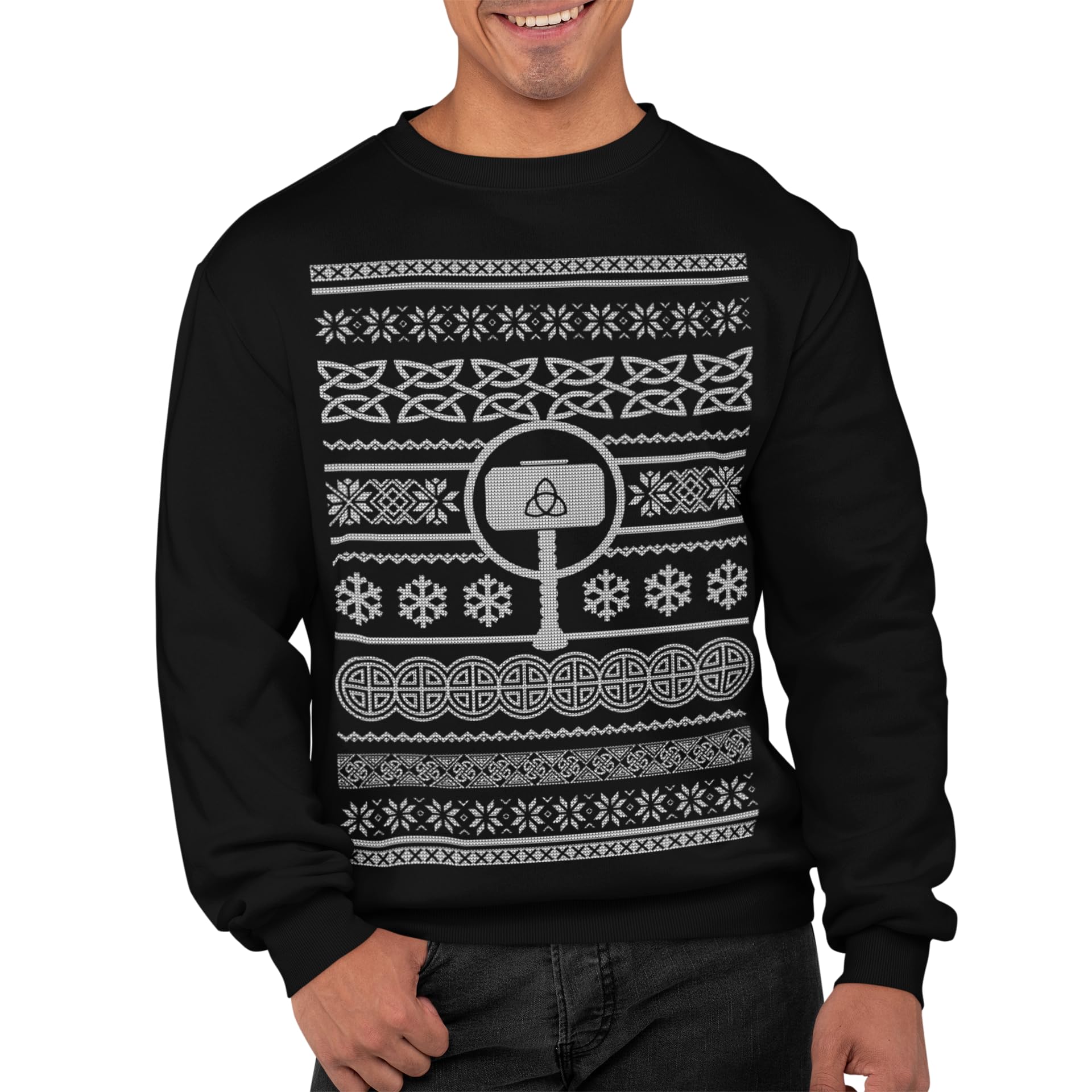 Graphic Impact Unisex Black Thor Hammer Christmas Retro Ugly Sweater Holiday Graphic Sweatshirt (, Xlarge)