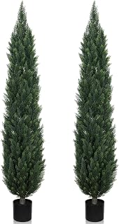 JOZHENJU 6FT UV-Resistant Artificial Topiary Cedar Trees, Set of 2 Faux Outdoor Pine Cypress for Porch Patio - Lifelike Zero Maintenance Greenery