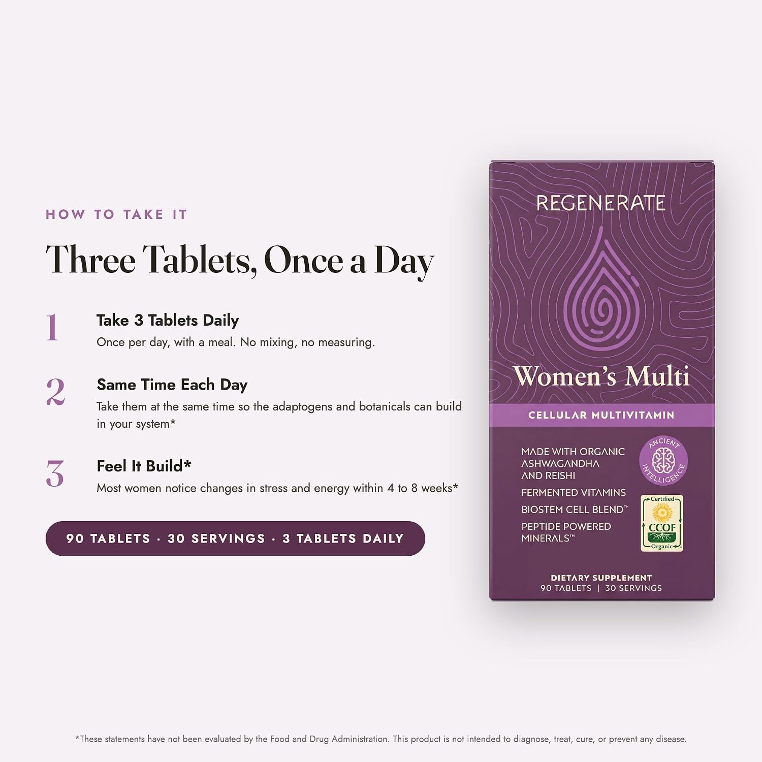 Regenerate Women's Multi, Certified Organic Multivitamin, Shatavari SRI-81, KSM-66 Ashwagandha, 5 Organic Mushrooms, Fermented Vitamins, Iron & Biotin, 90 Tablets, 30 Servings image 5