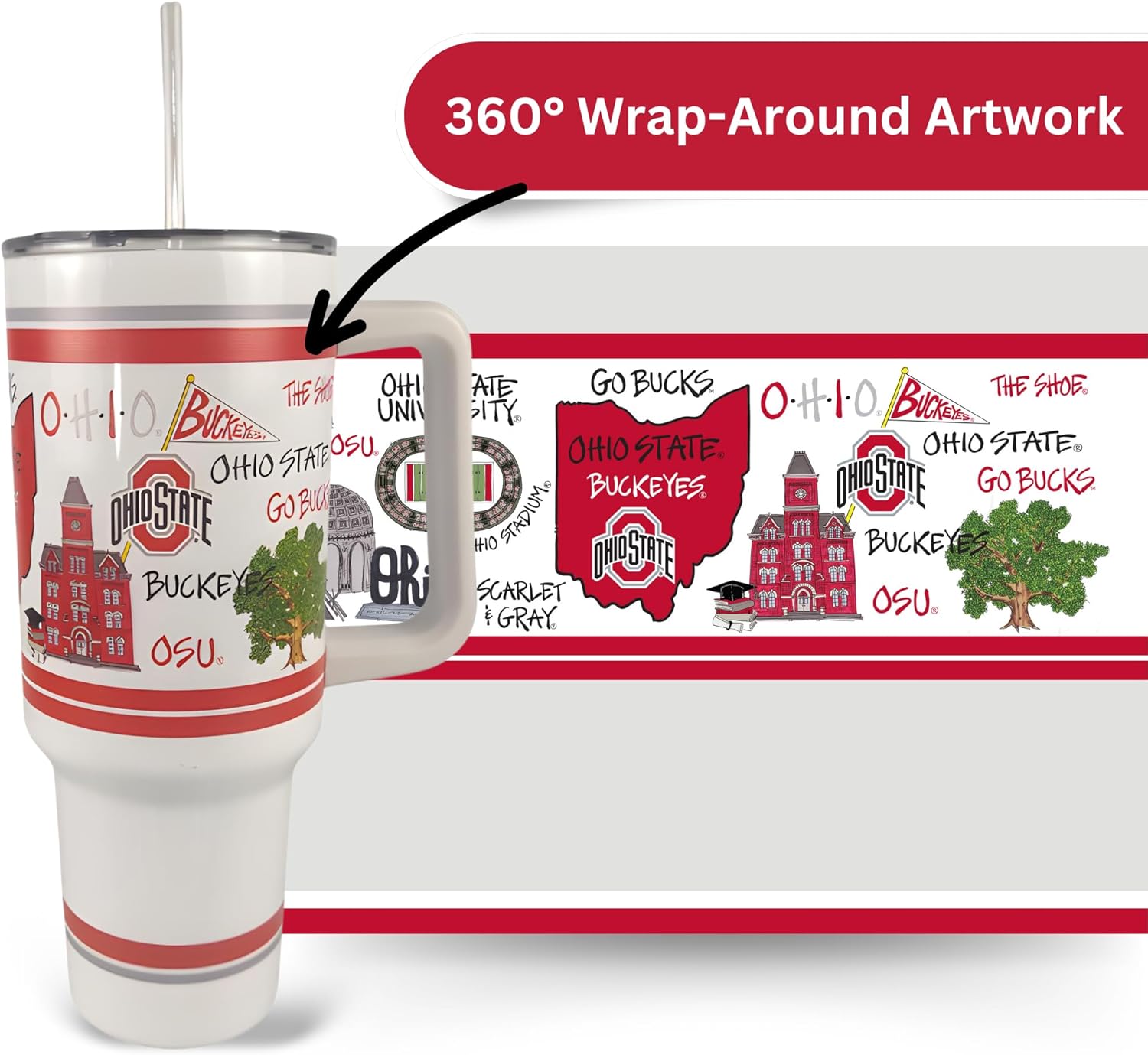 Magnolia Lane Ohio State University 40 oz Travel Tumbler with Handle Stainless Steel Insulated Thermos with Handle, Lid and Straw – Unique Decorative Bottle – For Ice Water, Coffee, or Smoothie - Image 4