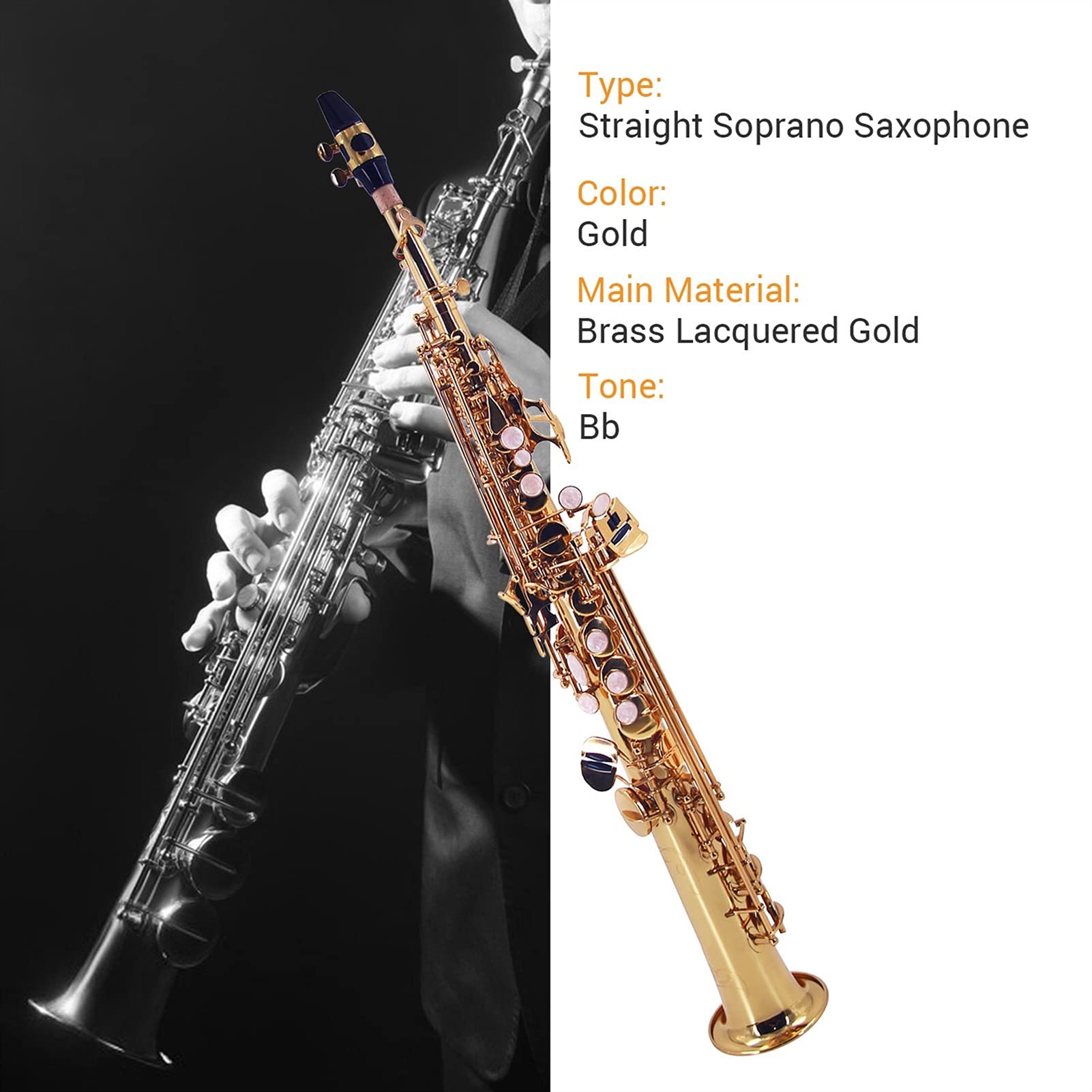 Sax Principianti Kit Straight BB Sopano SAXOfono in Ottone Scax in Ottone Strumento con Woodwind con Custodia per Il Trasporto Pennello per Spazzola per Spazzola per Spazzola Strumento a fiato