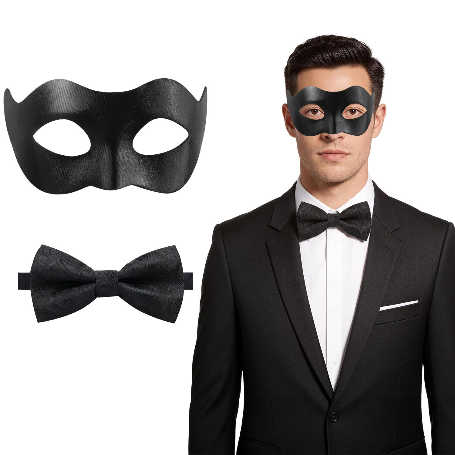 Kecartu Masquerade Mask for Men, Venetian Half Face Mask，Mardi Gras Mask with Bow Tie for Masquerade Ball Halloween Cosplay Costume Parties, Black