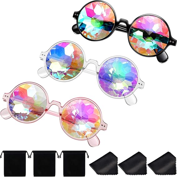 Yaomiao 3 Pieces Kaleidoscope Rave Glasses Goggles Kaleidoscope Sunglasses Diffraction Glasses Prism Rainbow Sunglasses(Style A)