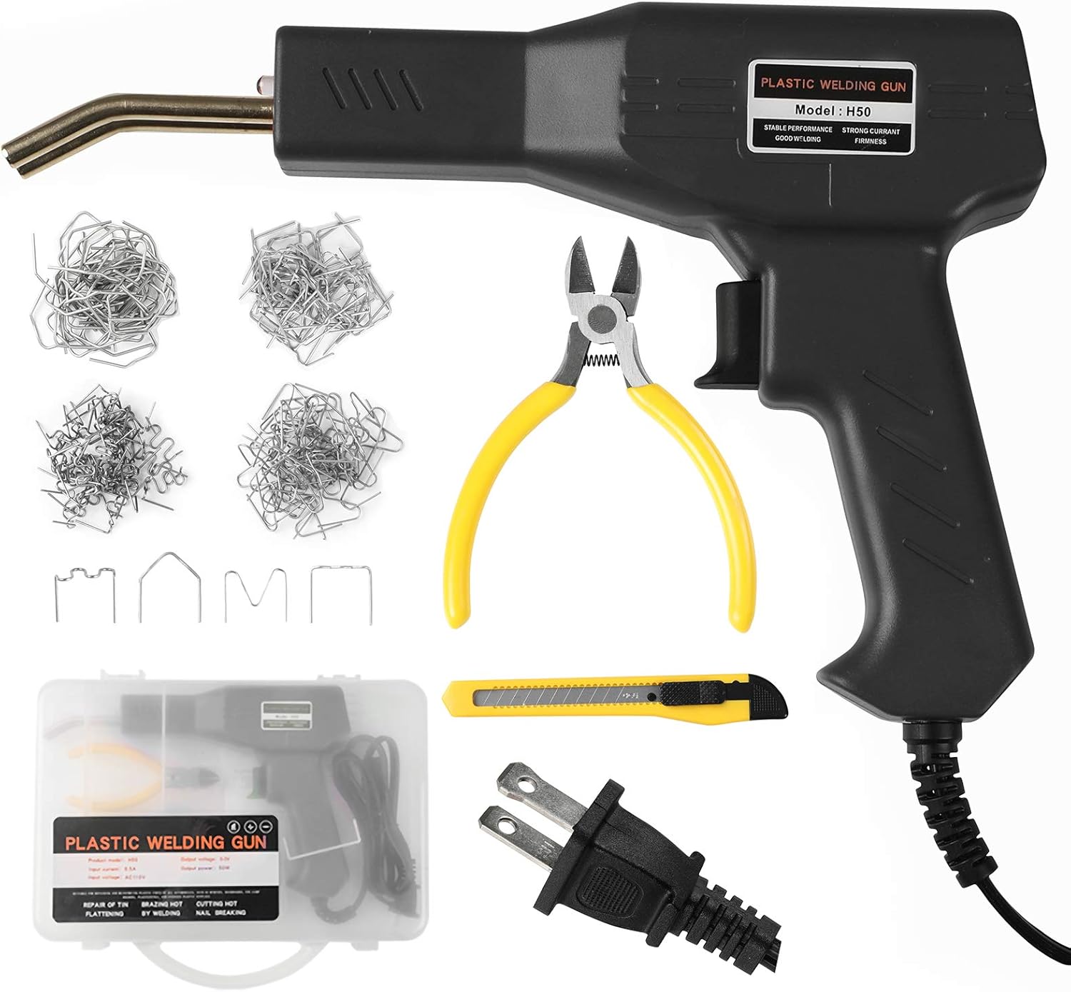 ATOLS Plastic Welding Machine Car Bumper Repair Kit, 50W Hot Stapler Plastic Repair Kit, Hot Staple Gun Car Bumper Crack Repair Kit with Plier, Flat/Outside Corner/Inside Corner/Wave Staples - - 