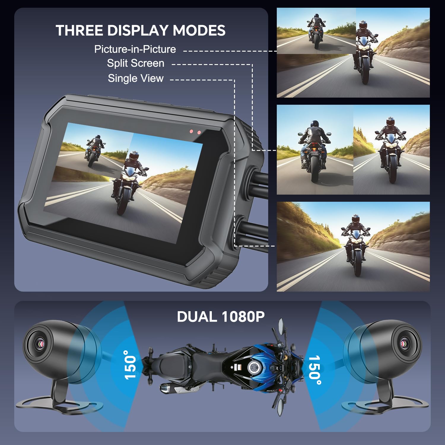 Dashcam Motorrad wasserdicht mit GPS-Logger, 1080P Motorrad Kamera vorne und hinten mit Parküberwachung, App-Steuerung, Fernbedienung, inkl. 64 GB TF-Karte