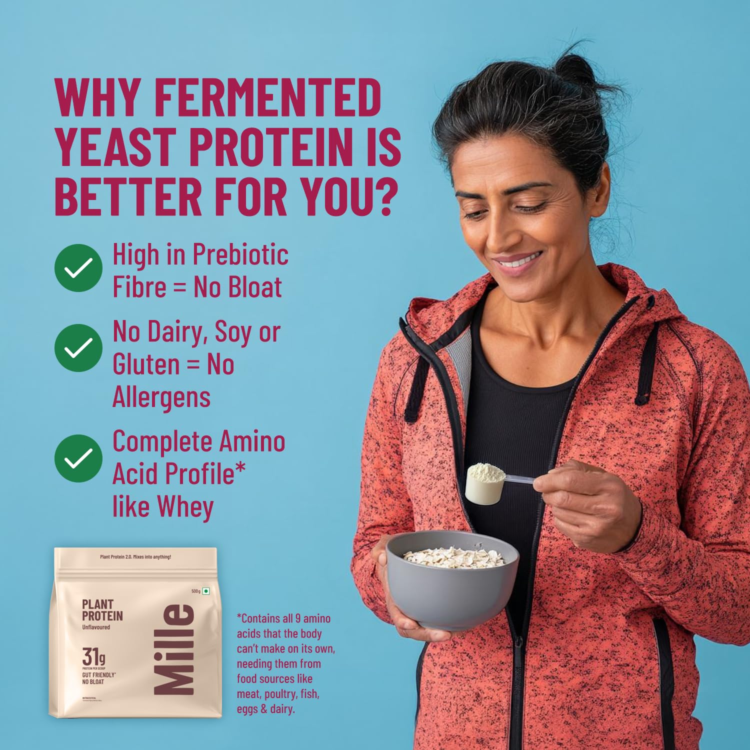 Mille Plant Protein | 31g Protein/Scoop | Unflavoured Trial Pack of 3 | Made with Fermented Yeast Protein Powder | No Bloat Vegan Heat-Stable | Has All 9 Essential Amino Acids | Mixes into Any Dish | 38g Trial Pack x 3 — Amazon image 5