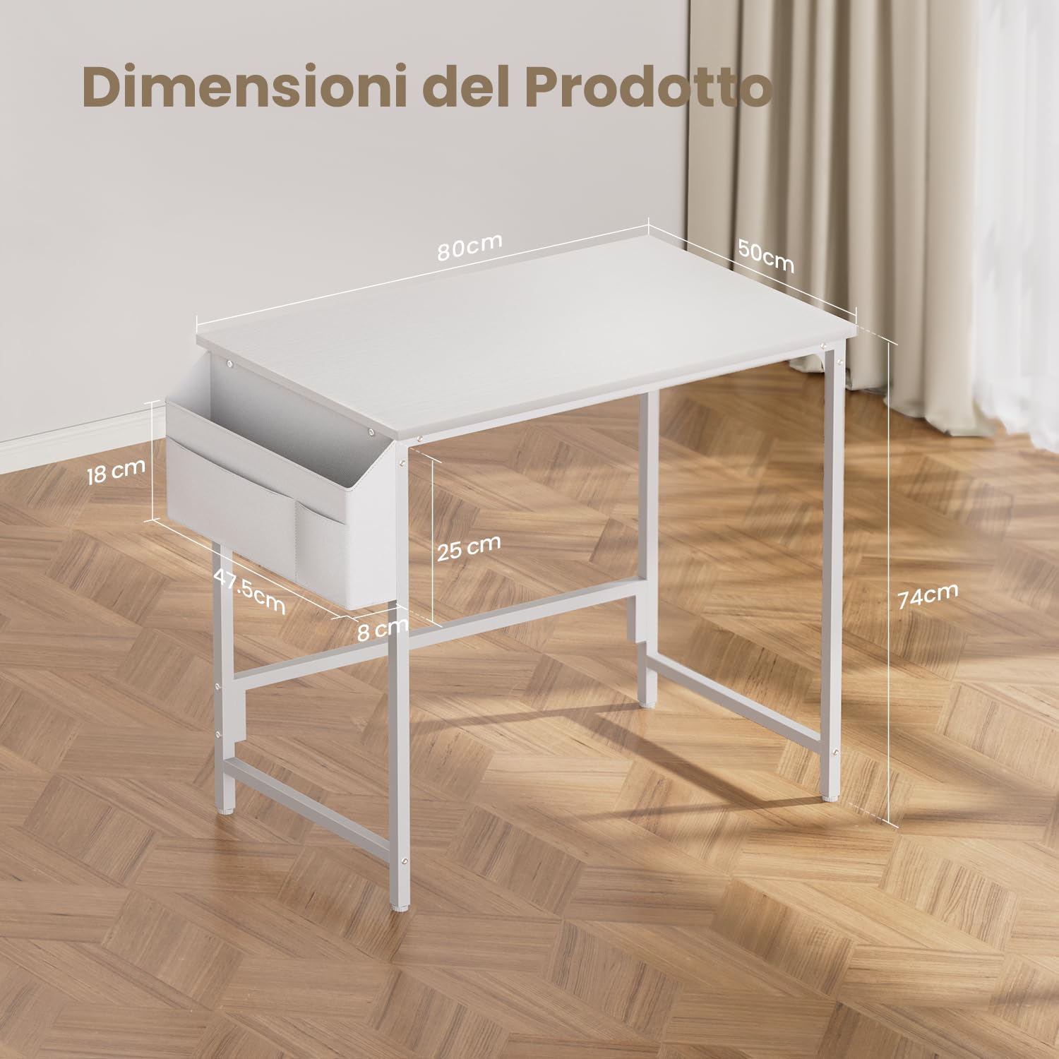 HLFURNIEU Scrivania Piccola, 80 x 50 cm Scrivania Ufficio con Borsa Portaoggetti, Tavolo da Lavoro per Ufficio Domestico, Soggiorno, Piccoli Spazi, Struttura Metallica, Bianco