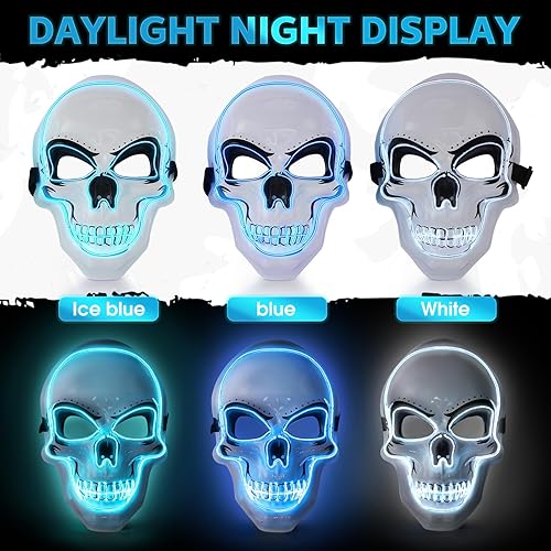 Miniatura 4 de 3 máscaras de Halloween con luces LED de calavera aterradora con alambre electroluminiscente, 3 modos intermitentes, accesorios de máscara de