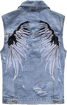 Lazutom Mens Cowboy Punk Denim Vest Distressed Sleeveless Jeans Vest Waistcoat