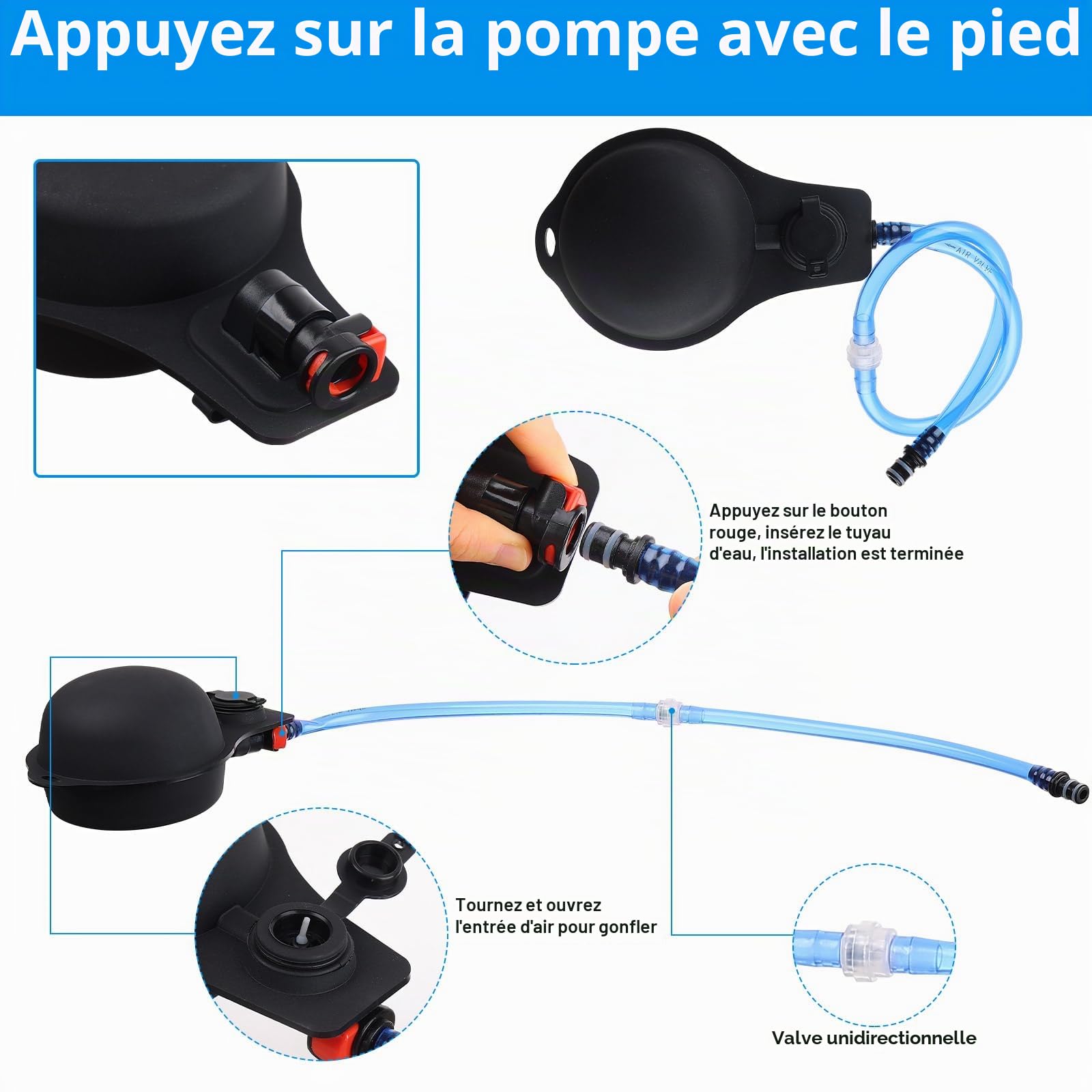 Douche de Camping Portable 20 L avec thermomètre et Pompe à Pied | TPU résistant, poche pliable, fenêtre transparente, double raccord, tuyau amovible, débit réglable, randonnée, plage, animaux