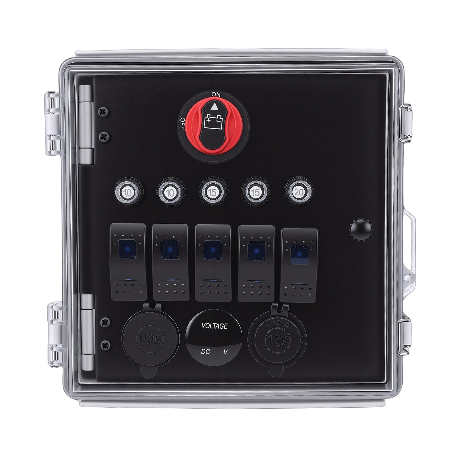 Schalterfeld 5-fach mit USB Ladegerät und Voltmeter, wasserdichte Schaltbox IP67, 3-Positions Kippschalter mit LED Anzeige für LKW Wohnmobil Boot Outdoor Camping