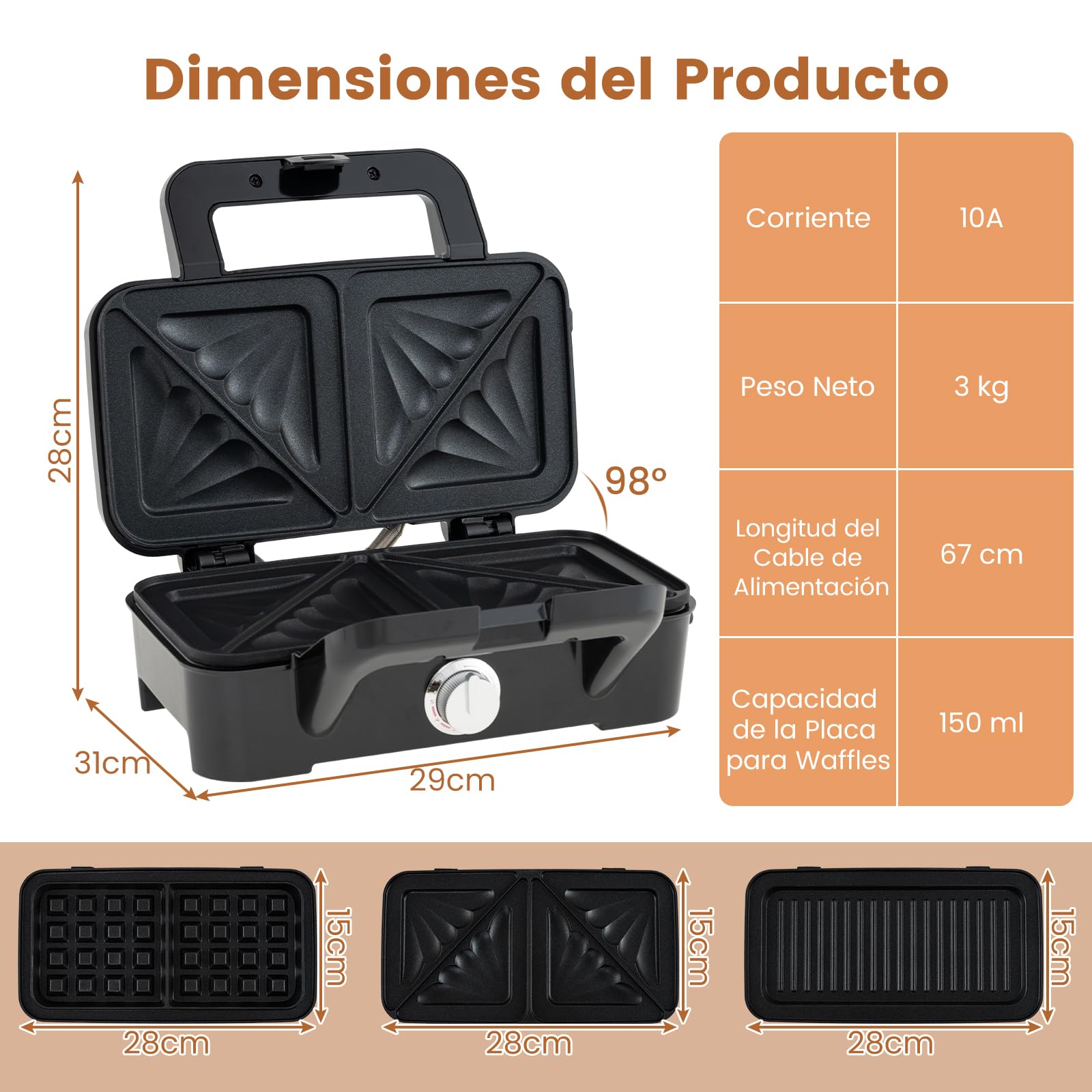 COSTWAY Sandwichera 3 en 1, 1082W Tostadora Grill con Placas Antiadherentes Extraíbles para Sándwich, Temperatura de 5 Niveles, Libre de BPA, Plancha Eléctrica para Panini con LED, Asas Frías al Tacto