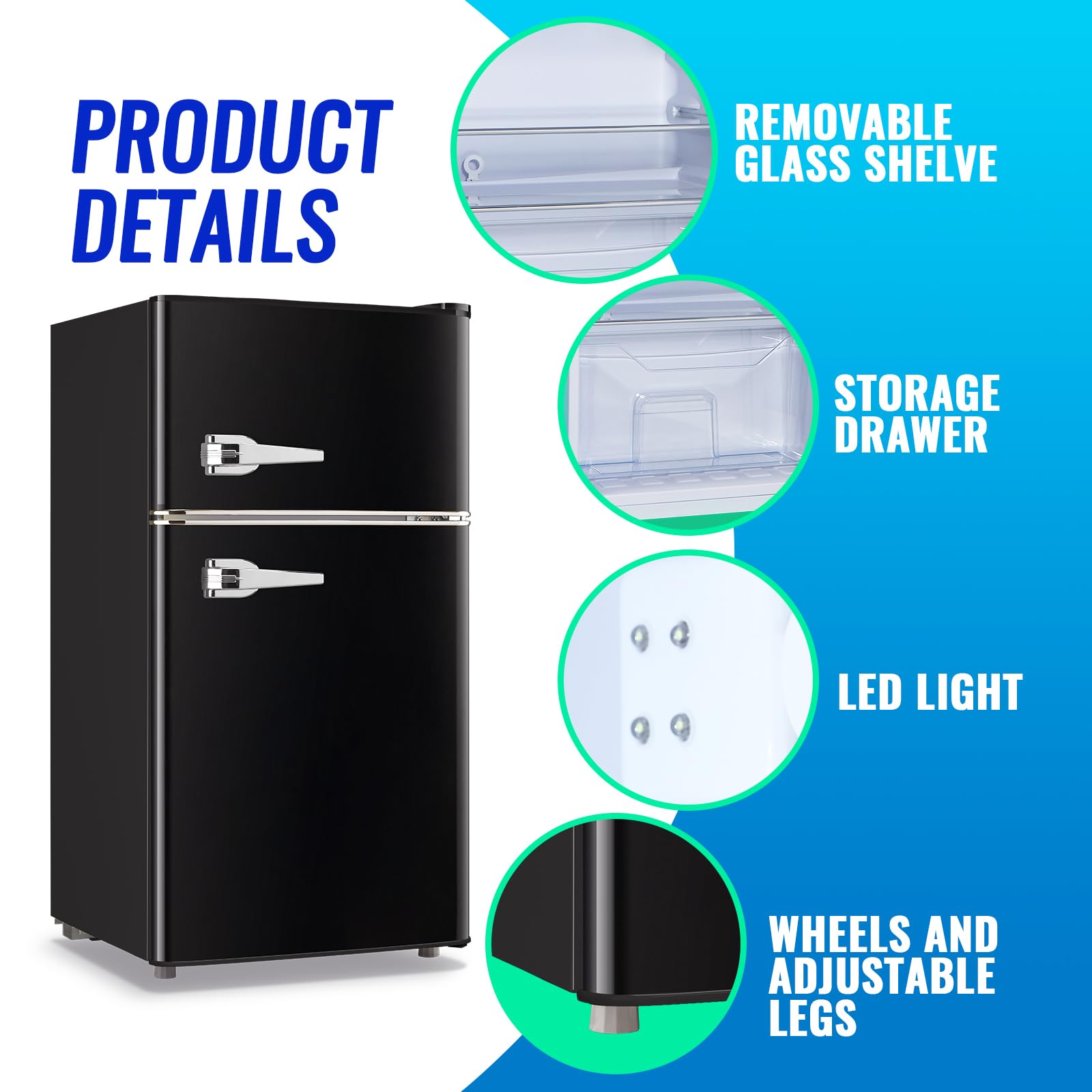 Tacool Mini Refrigerator With Freezer Small Fridge Double Door Side Drink Holder Adjustable Glass Shelves, Plastic Crisper, 7 Level Temperature Control For Bedroom, Office, Apartment Black on Fridge.com - View 5