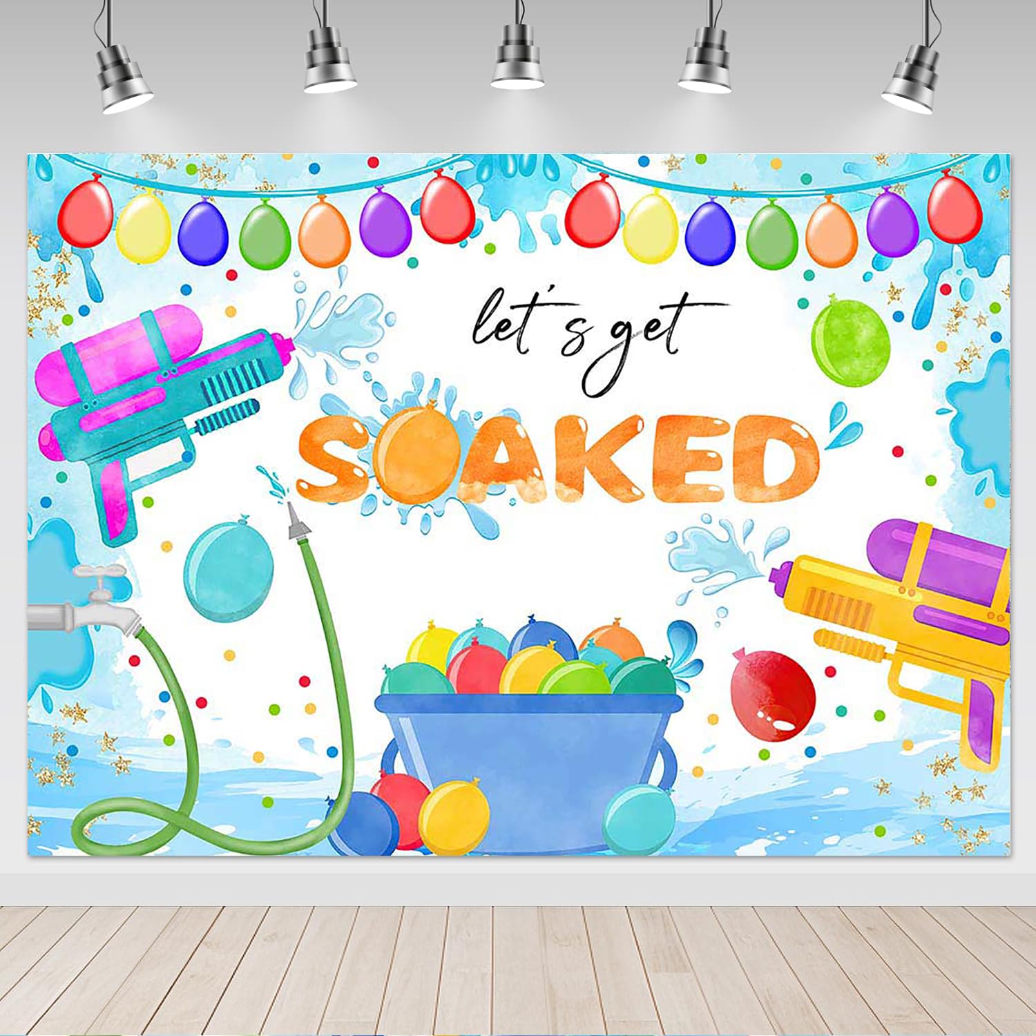 Mocsicka Let's Get Soaked Backdrop 7x5ft Summer Water Pool Party Water Gun Bash Splish Splash Background Kids Birthday Party Banner Decor Photography
