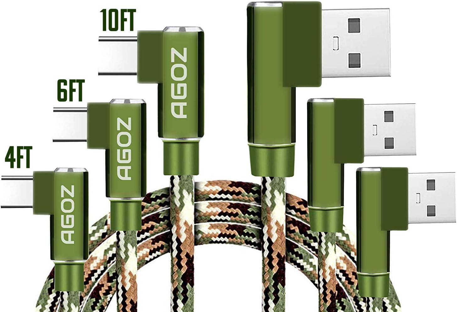 AGOZ 3Pack USB C CAMO Braiding Data Cable Fast Charger 10ft 6ft 4ft 90 Degree Type C to USB A Right Angle Elbow Cords for Samsung Galaxy S22 S20 S21,Note 10, A52 A53, Moto G Stylus Power,Google Pixel