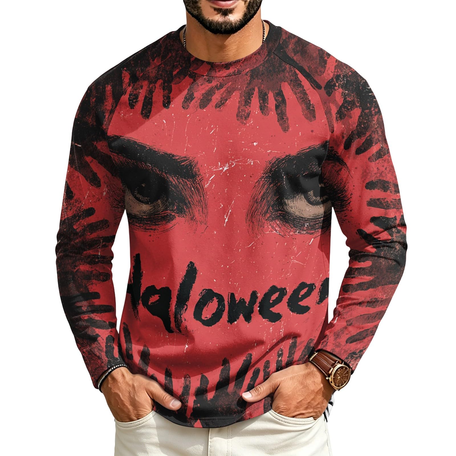 Halloween Crew Neck Shirts Costumes for Men Long Sleeve Fit Pumpkin Ghosts Print Casual Fashion Tops 2026，02-Wine L — image 1