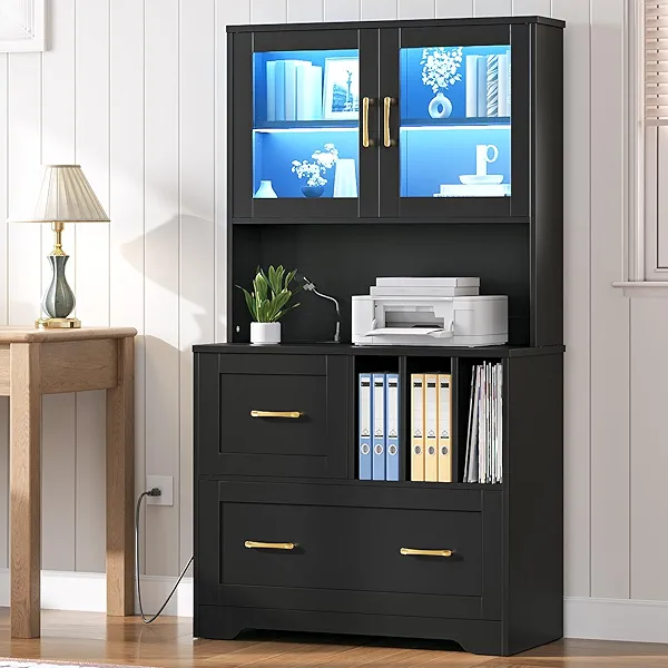 HOOBRO 2 Drawer File Cabinet with Charging Station, LED Lights, and Bookshelf, Farmhouse Filing Cabinet with File Holder Organizer, Fits Letter, Legal, A4 Size, Vertical, for Home Office, Black