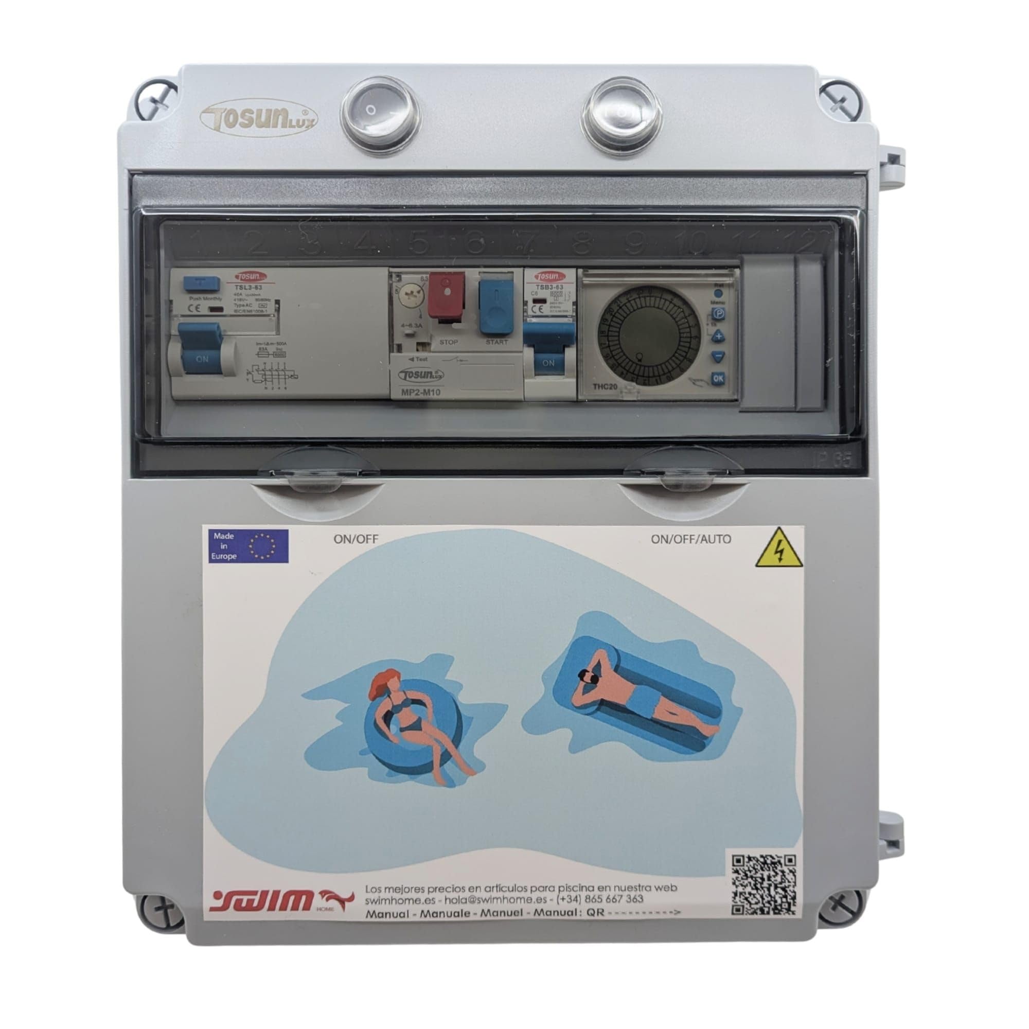 Tosun Cuadro Eléctrico Piscina Trifásico, Transformador 100W 12V AC, Reloj y Guardamotor 9-14A, Bomba +2CV