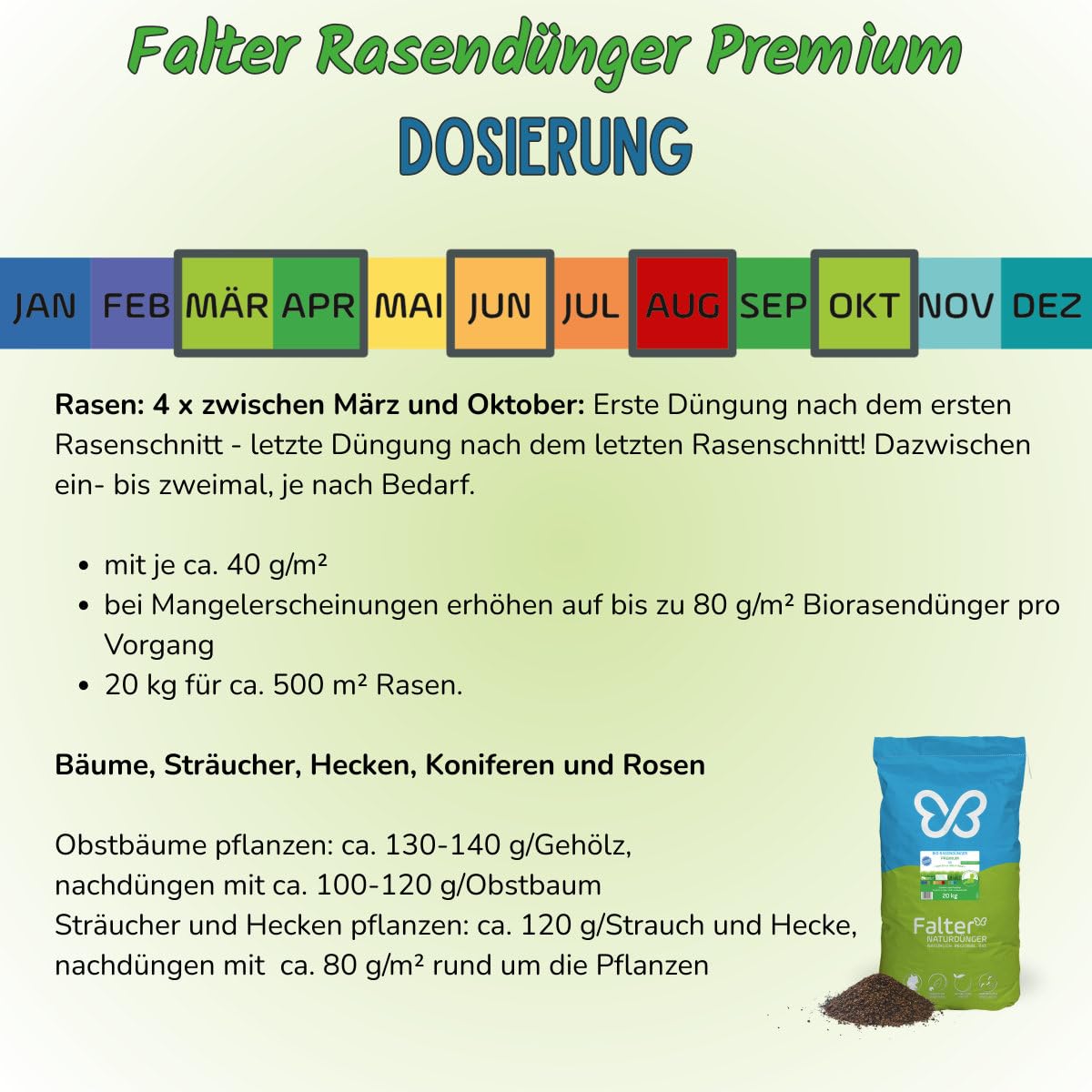 Falter BIO Rasendünger Premium 20 kg | Organischer NPK-Dünger | Biodünger für Rasen, Bäume, Sträucher, Hecken, Koniferen und Rosen. Unbedenklich für Mensch und Tier