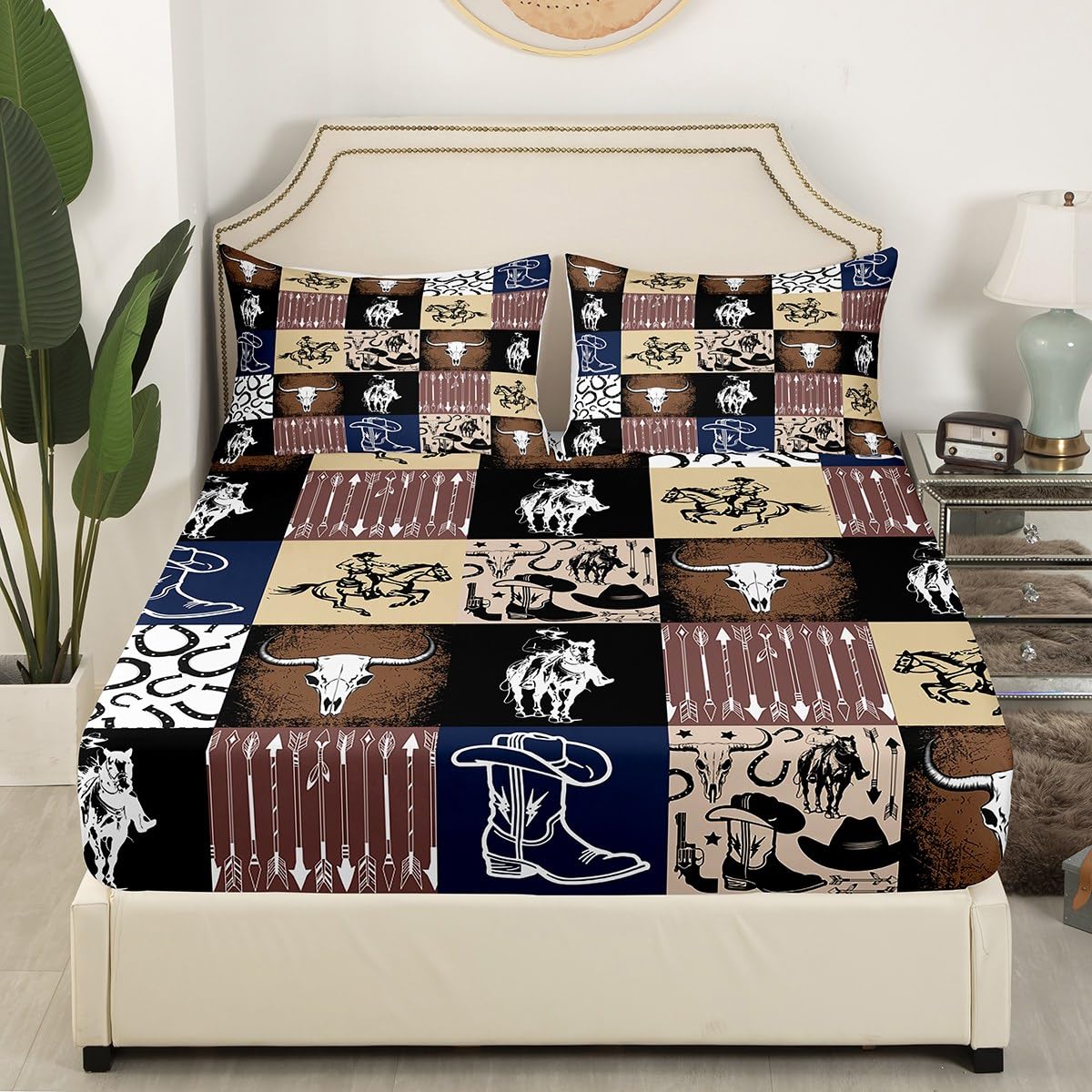 Feelyou Western Bed Sheets Cowboy Bedding Set for Boys Men Teens Bull Skull Horse Arrow Print Sheet Set Geometric Grid Brown Blue Plaid Decor Bed Set Room 3Pcs King Size